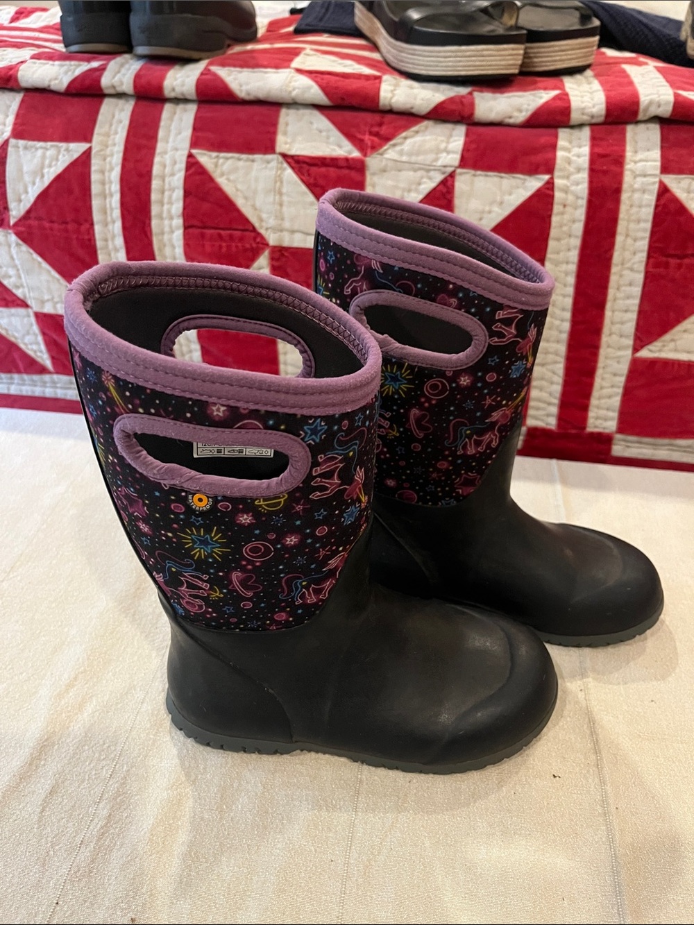 Bogs Kids Black Rain Boots with Purple Trim and Space Print - Picture 2 of 10